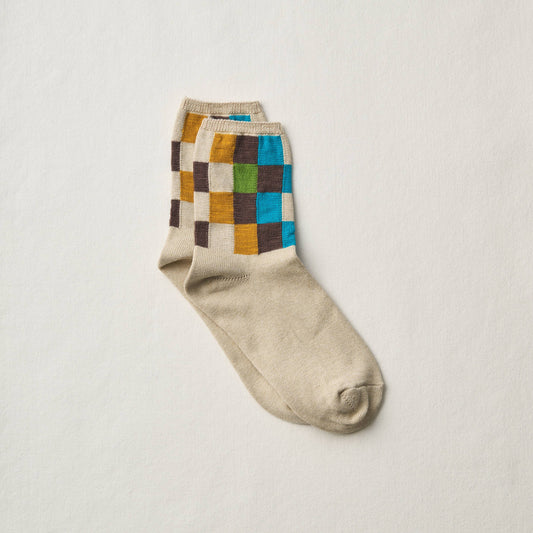 Organic Cotton Block Pattern Socks: Green / L (27.5–29.5 cm EU 44-47)